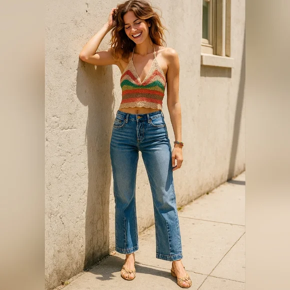 RISEN Barrel Jeans High-rise Boyfriend Vertical Seam Cropped Denim Distressed - Picture 8 of 16